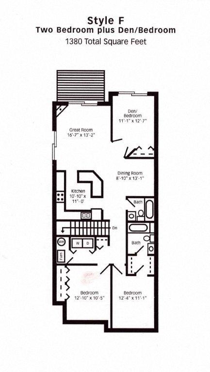 Floor plan for 2 beds, 2 baths, 1380 sqft